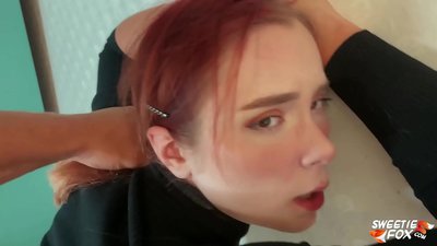 ਮੈਨ Fucked in the Mouth and pussy obedient Redheaded Skimpy and Cum on tits
